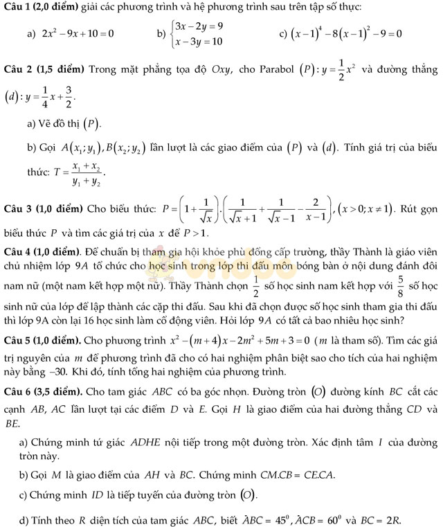 Đề thi vào lớp 10 môn Toán Sở GD&ĐT Cần Thơ năm học 2017 - 2018 Đề thi vào lớp 10 môn Toán có đáp án