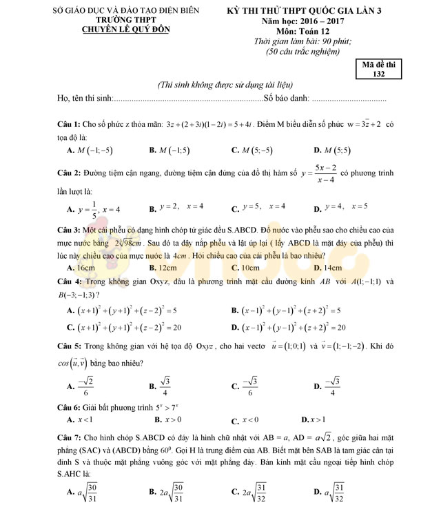 Đề thi thử THPT Quốc gia năm 2017 môn Toán 