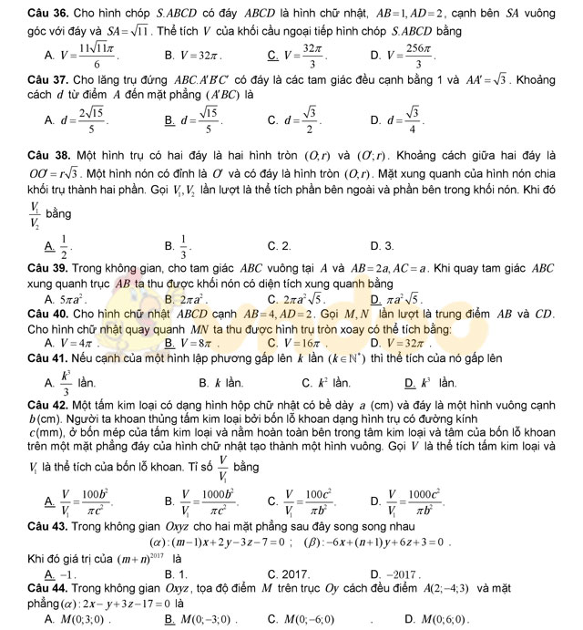 Đề thi thử THPT Quốc gia năm 2017 môn Toán