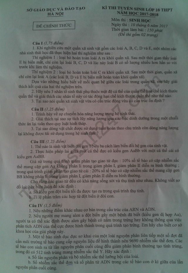 Đề thi tuyển sinh vào lớp 10 môn Sinh học Đề thi tuyển sinh vào lớp 10 môn Sinh học