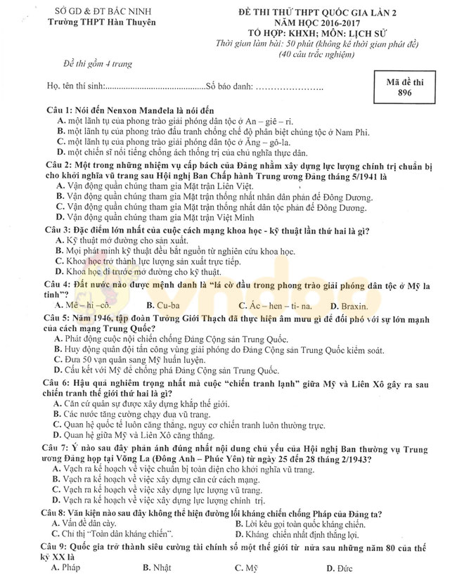 Đề thi thử THPT Quốc gia năm 2017 môn Lịch sử Đề thi thử THPT Quốc gia năm 2017 môn Lịch sử