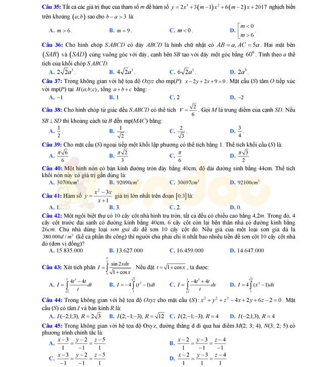 Đề thi thử THPT Quốc gia năm 2017 môn Toán