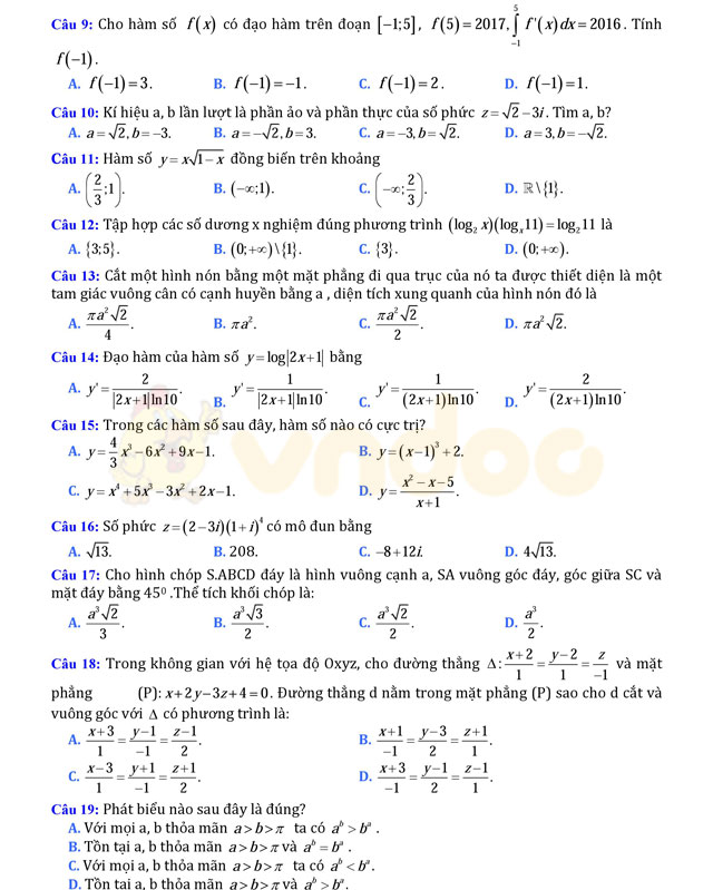 Đề thi thử THPT Quốc gia năm 2017 môn Toán