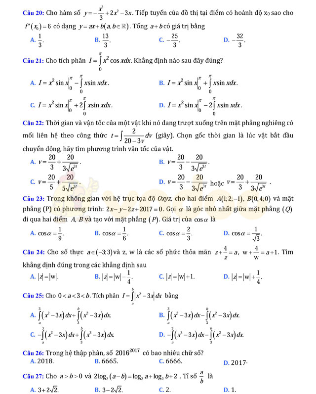 Đề thi thử THPT Quốc gia năm 2017 môn Toán