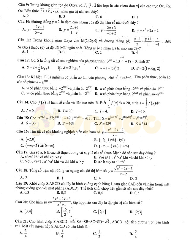 Đề thi thử THPT Quốc gia năm 2017 môn Toán