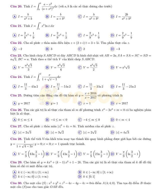 Đề thi thử THPT Quốc gia năm 2017 môn Toán