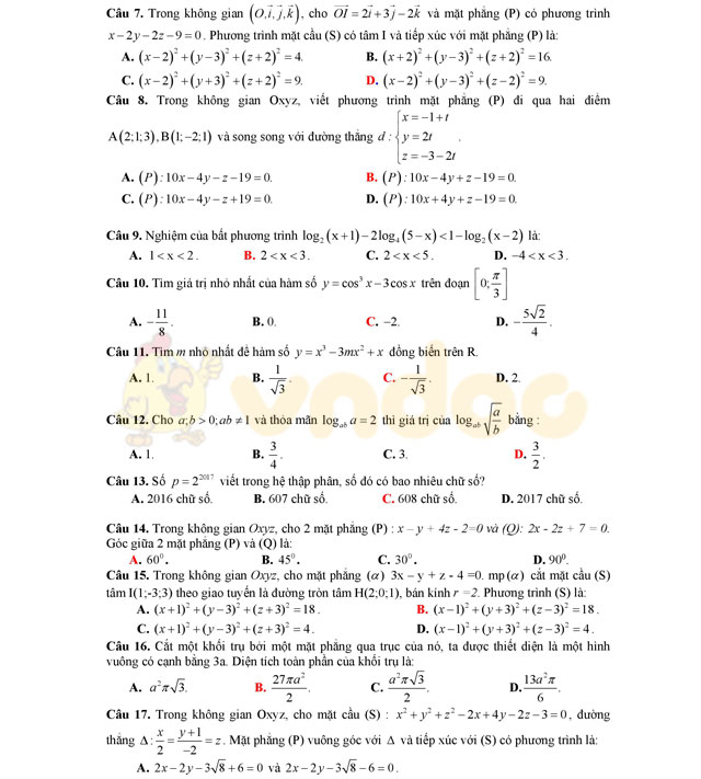 Đề thi thử THPT Quốc gia năm 2017 môn Toán 