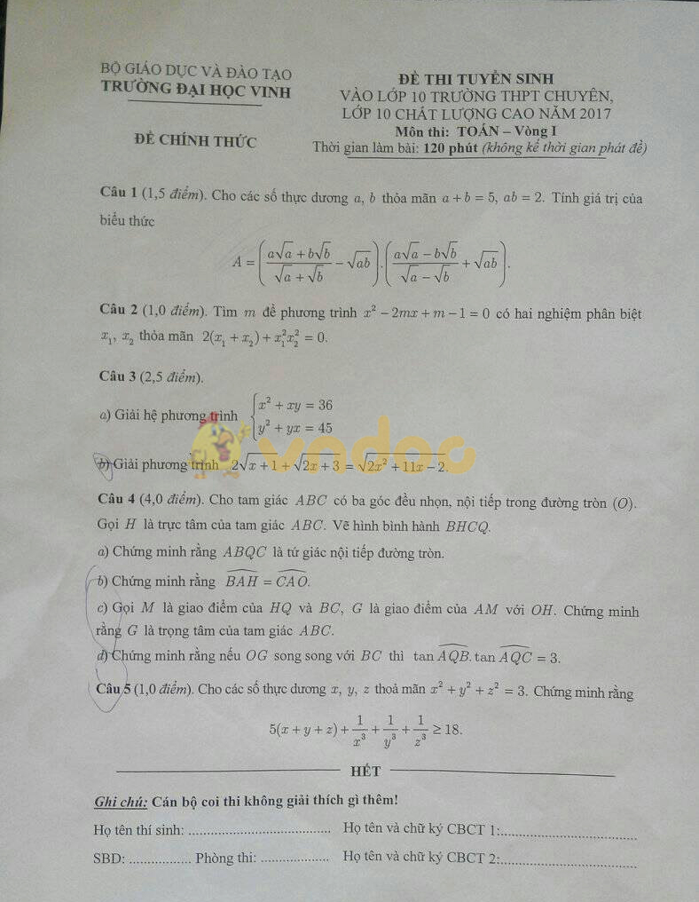 Đề thi vào lớp 10 THPT môn Toán