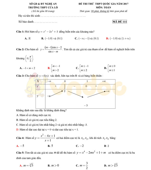 Đề thi thử THPT Quốc gia năm 2017 môn Toán
