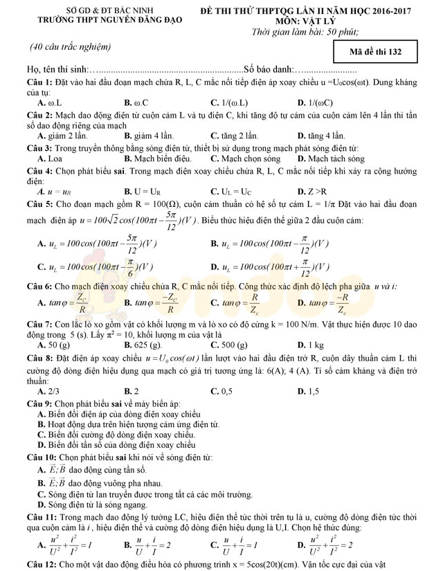 Đề thi thử THPT Quốc gia 2017 môn Vật lý