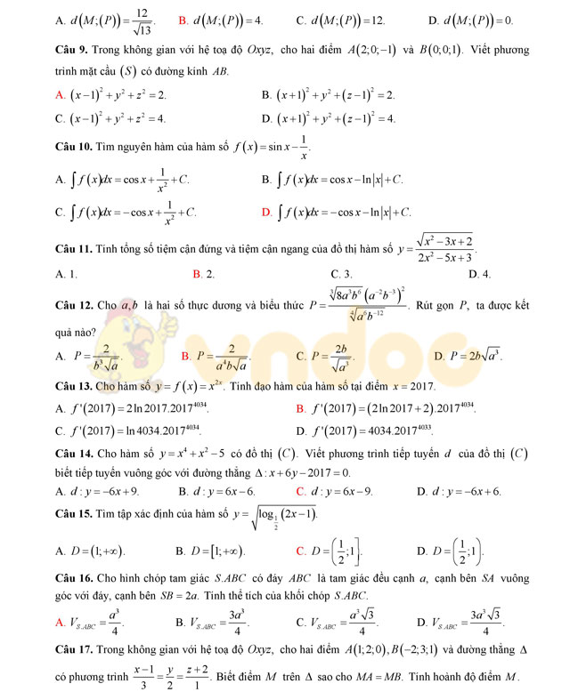 Đề thi thử THPT Quốc gia năm 2017 môn Toán 