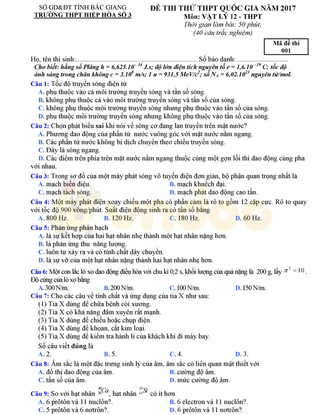 Đề thi thử THPT Quốc gia năm 2017 môn Vật lý 