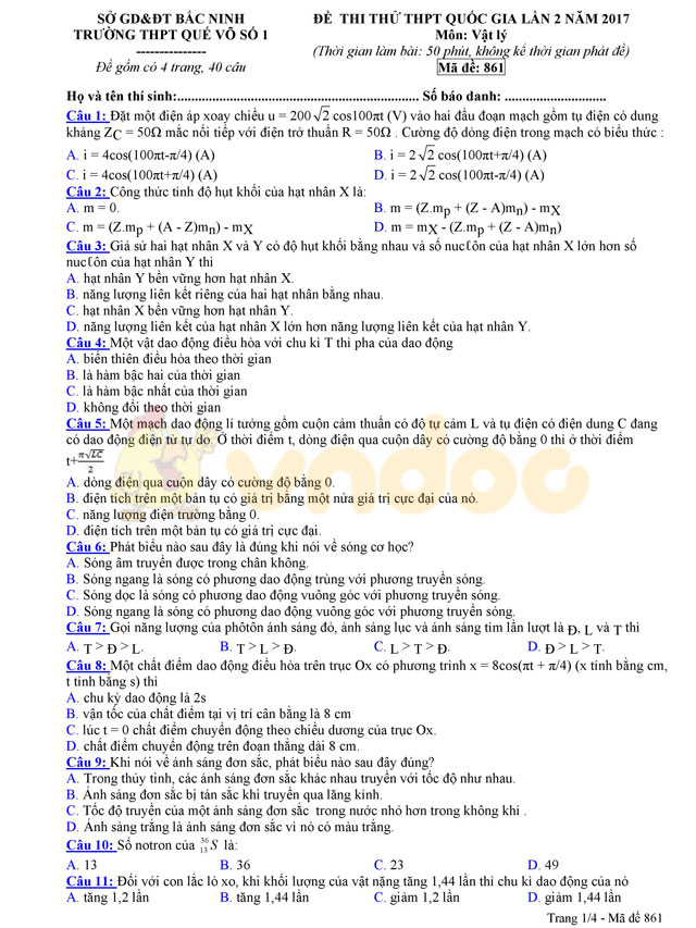 Đề thi thử THPT Quốc gia năm 2017 môn Vật lý