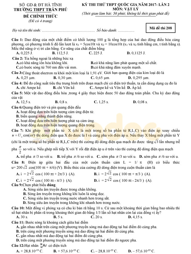 Đề thi thử THPT Quốc gia năm 2017 môn Vật lý