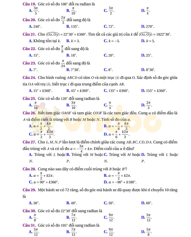 315 câu trắc nghiệm lượng giác