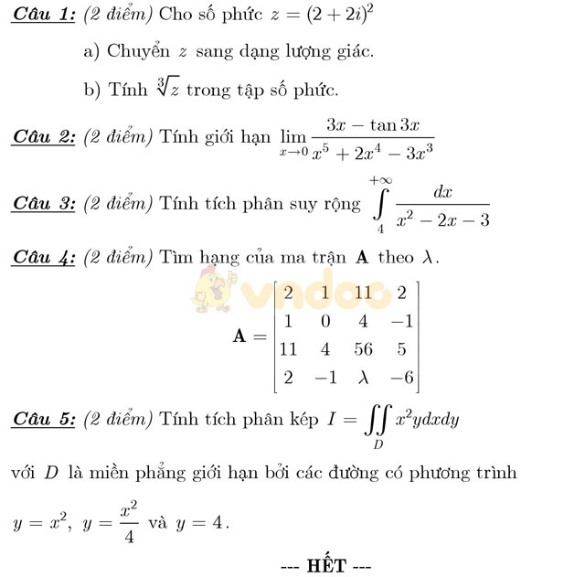 Đáp án và đề thi môn Toán cao cấp