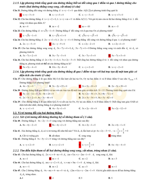 Trắc nghiệm phương pháp tọa độ trong mặt phẳng