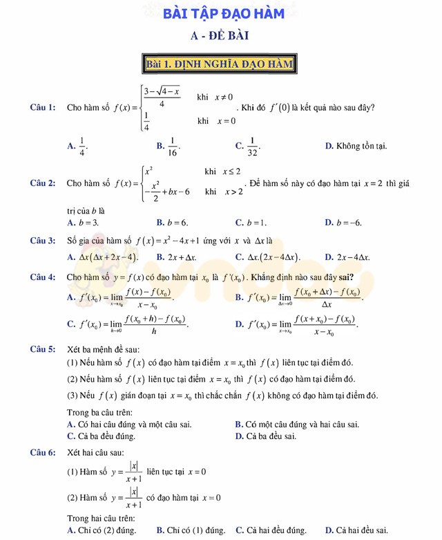 Câu hỏi trắc nghiệm đạo hàm có lời giải chi tiết