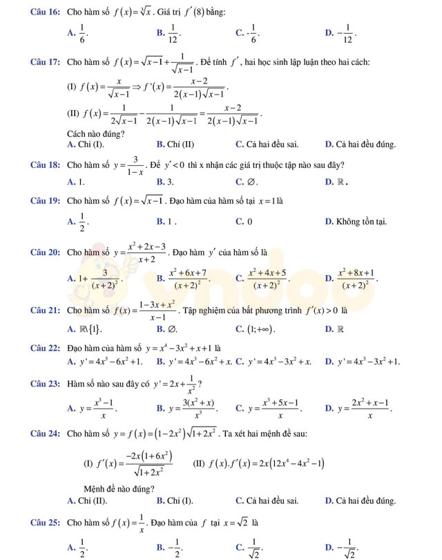 Câu hỏi trắc nghiệm đạo hàm có lời giải chi tiết