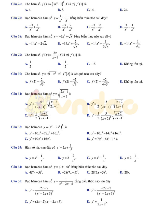 Câu hỏi trắc nghiệm đạo hàm có lời giải chi tiết