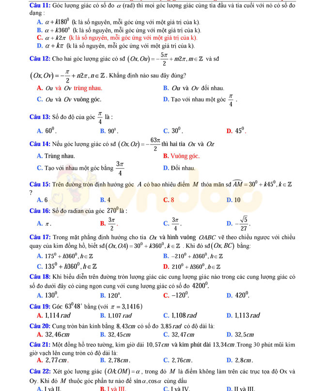 Trắc nghiệm lượng giác có đáp án