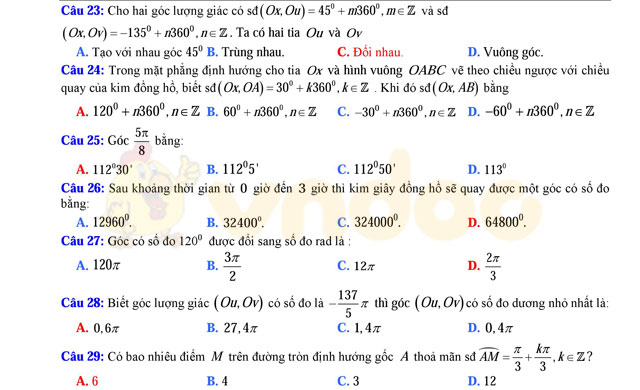 Trắc nghiệm lượng giác có đáp án