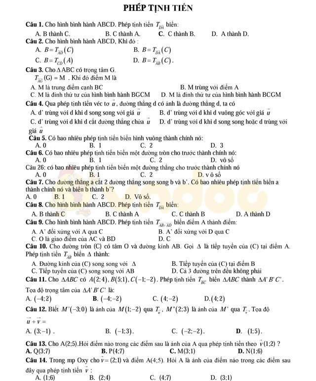 Câu hỏi trắc nghiệm phép biến hình trong mặt phẳng