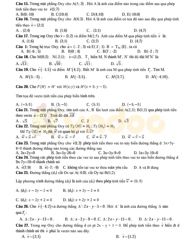 Câu hỏi trắc nghiệm phép biến hình trong mặt phẳng