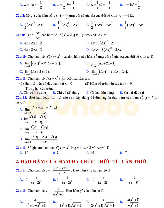 Câu hỏi trắc nghiệm đạo hàm có đáp án
