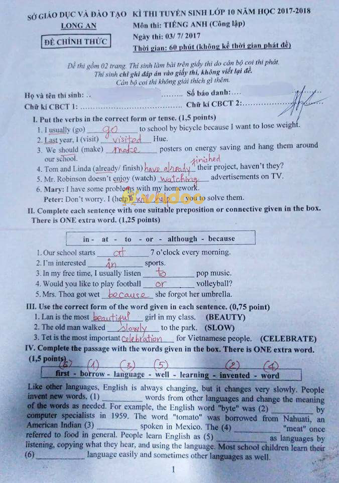 Đề thi môn Tiếng Anh vào lớp 10