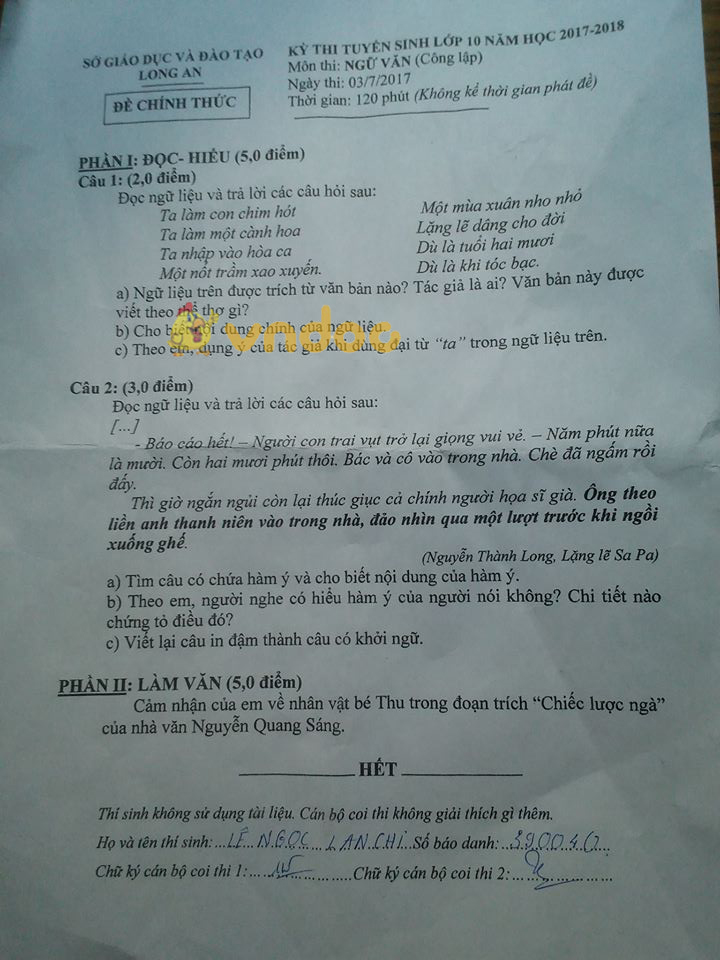 Đề thi tuyển sinh vào lớp 10 THPT môn Ngữ văn