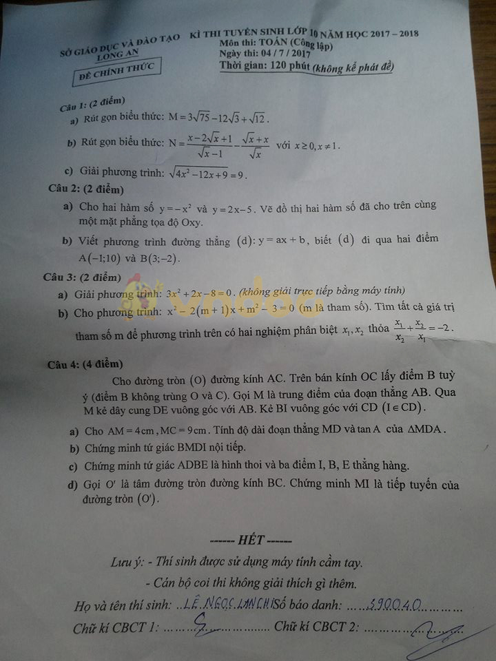 Đề thi vào lớp 10 THPT môn Toán