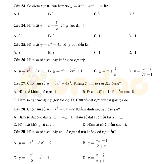 Bài tập trắc nghiệm cực trị hàm số
