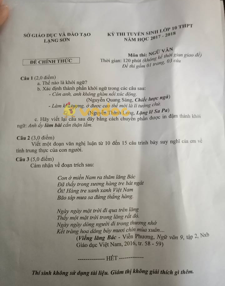 Đề thi vào lớp 10 THPT môn Ngữ văn tỉnh Lạng Sơn