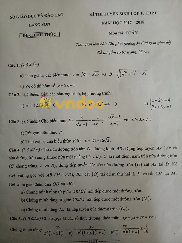 Đề thi vào lớp 10 THPT môn Toán tỉnh Lạng Sơn