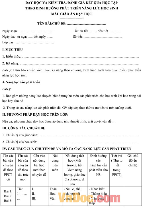 Mẫu giáo án dạy học