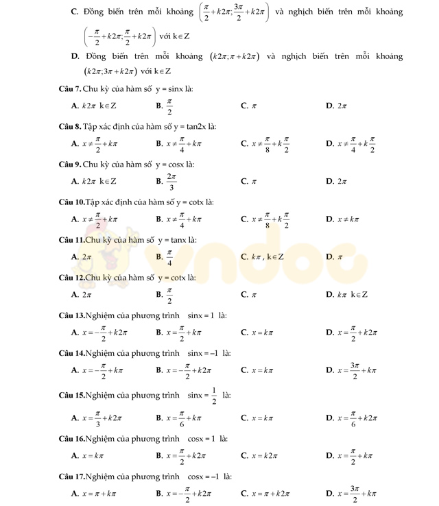 Trắc nghiệm Toán lớp 11 theo từng chương