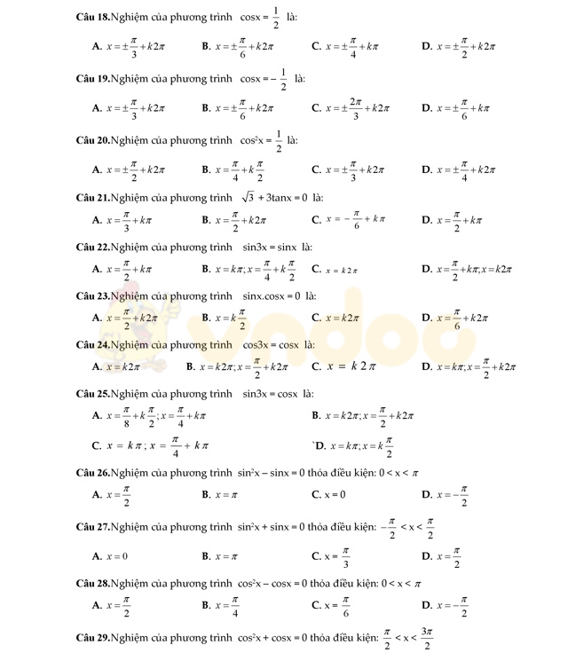 Trắc nghiệm Toán lớp 11 theo từng chương