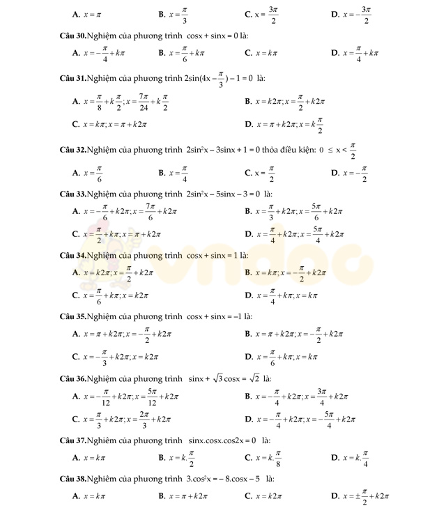 Trắc nghiệm Toán lớp 11 theo từng chương