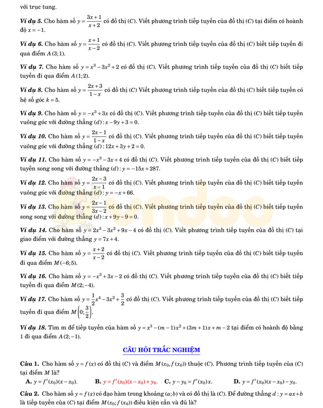 Câu hỏi trắc nghiệm tiếp tuyến của đồ thị hàm số