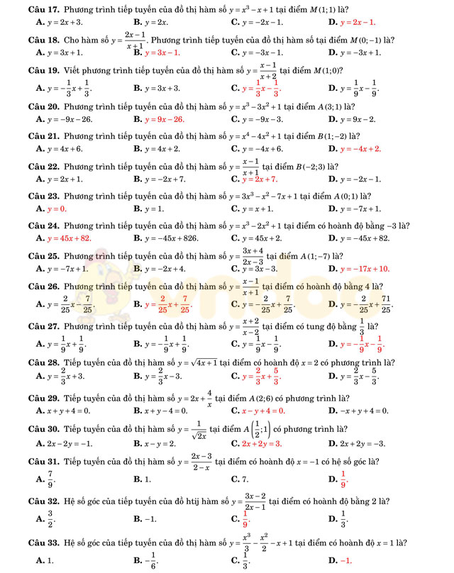 Bài tập trắc nghiệm tiếp tuyến của đồ thị hàm số