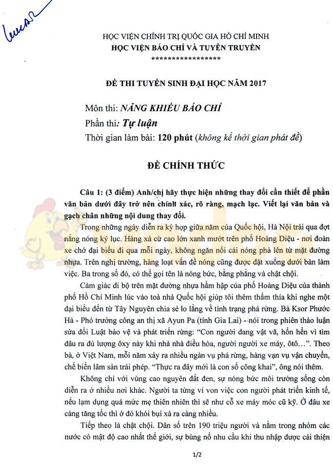 Đề thi năng khiếu Học viện Báo chí và Tuyên truyền năm 2017