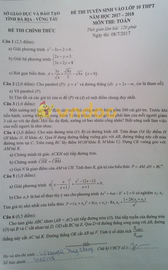 Đề thi vào lớp 10 THPT môn Toán Sở GD&ĐT Bà Rịa - Vũng Tàu