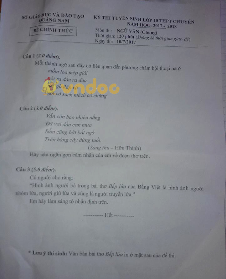 Đề thi vào lớp 10 môn Ngữ văn THPT Chuyên tỉnh Quảng Nam