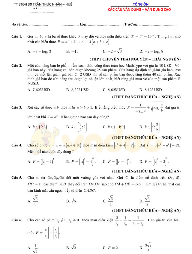 152 bài toán vận dụng cao có đáp án