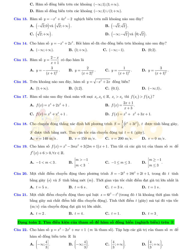 Câu hỏi trắc nghiệm chuyên đề hàm số