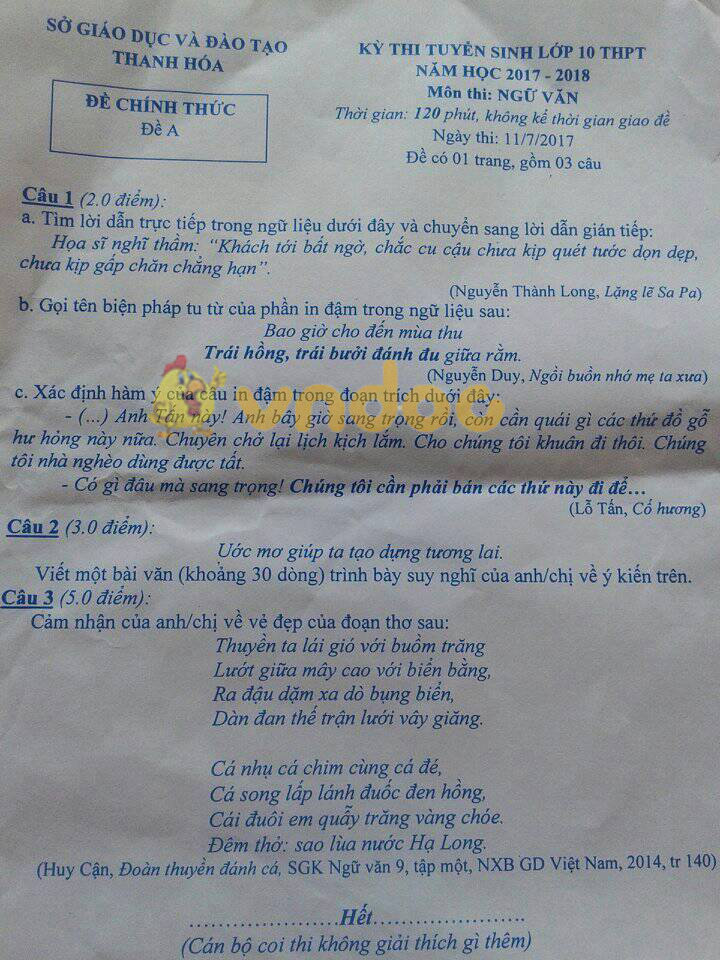 Đề thi vào lớp 10 THPT môn Ngữ văn tỉnh Thanh Hóa