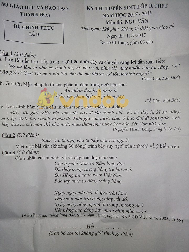 Đề thi vào lớp 10 THPT môn Ngữ văn tỉnh Thanh Hóa
