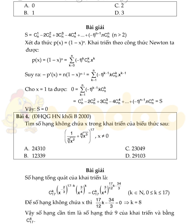 Câu hỏi trắc nghiệm biểu thức tổ hợp và nhị thức Newton