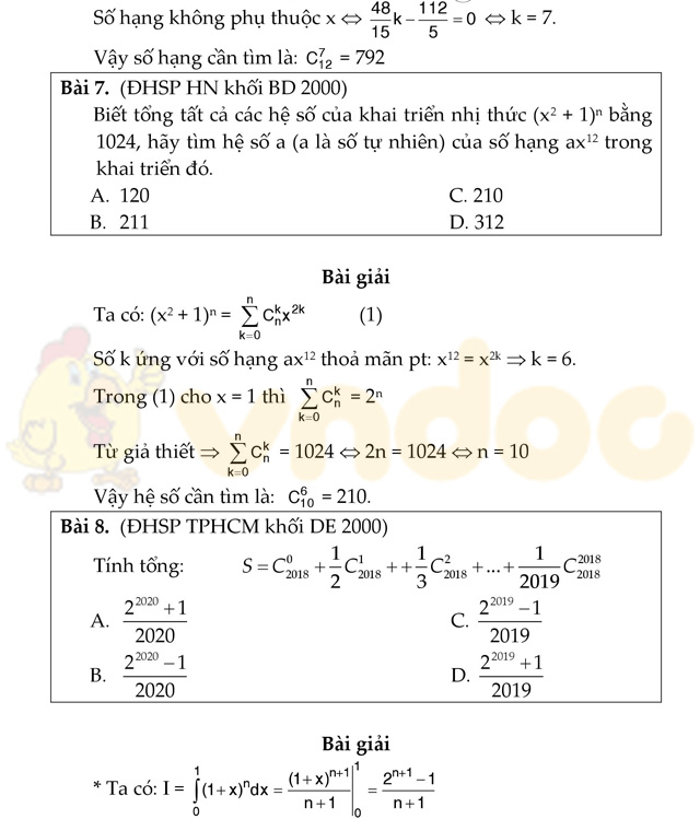 Câu hỏi trắc nghiệm biểu thức tổ hợp và nhị thức Newton